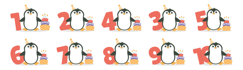 Cute penguin character, cake with candles, numbers vector set. Beautiful elements for Kids Birthday Party invitation, greeting card, poster, event, prints and cake toppers design