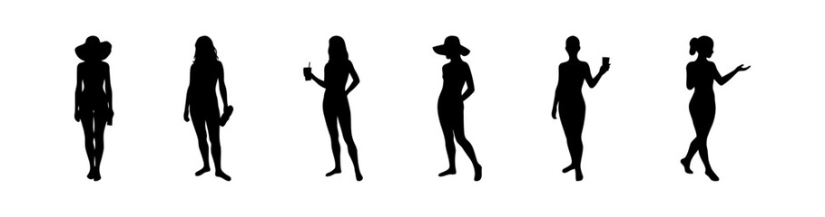 Fototapeta premium Silhouette collection of female figures in different poses on a white background