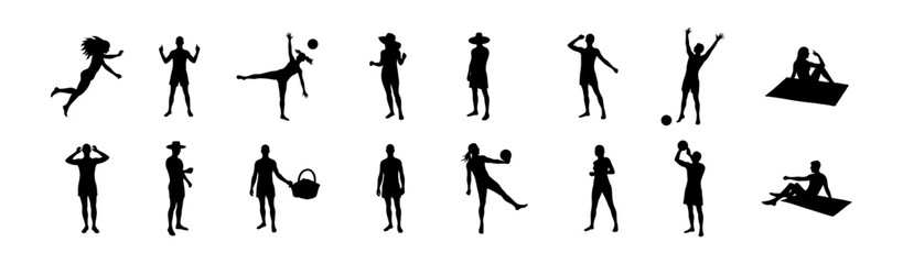 Obraz premium Silhouettes of People Engaging in Summer Activities on a White Background