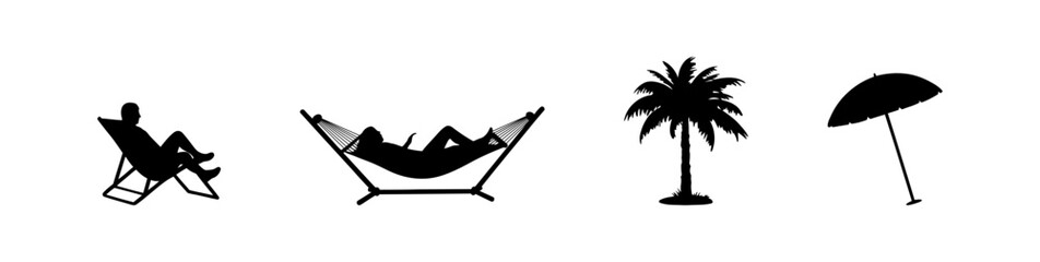 People Relaxing in Hammock and Lounge Chair with Palm Tree and Beach Umbrella Silhouettes