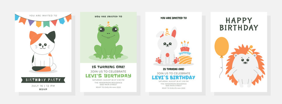 Happy birthday posters set with cute little cat, frog, rabbit, hedgehog, cake, candles, balloon, hat. Birthday party vector illustration for greeting card, invitation, banner and more
