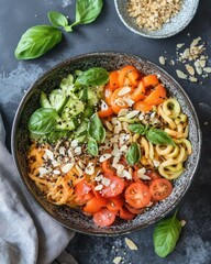 Spiralized zucchini and carrot noodles with creamy almond butter sauce on a white plate