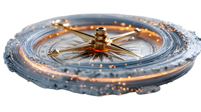 A glowing 3D compass icon with spinning motion lines, symbolizing adventure and direction, isolated on white --ar 16:9 --v 7.0 --s 750