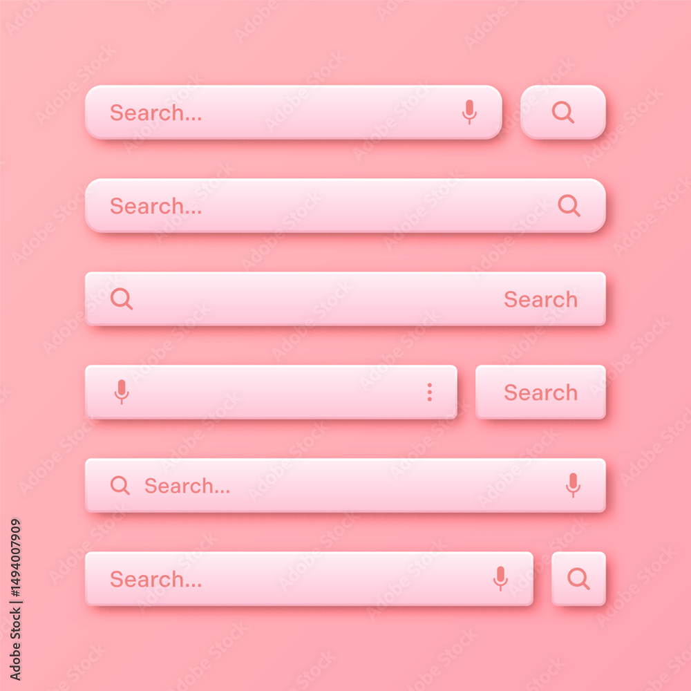 Fototapete Colorful 3d search bar templates. Internet browser engine with search box, address bar and text field. UI design, website interface element with web icons and push button. Vector illustration