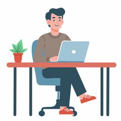 A person working on a laptop at a desk with a plant nearby.