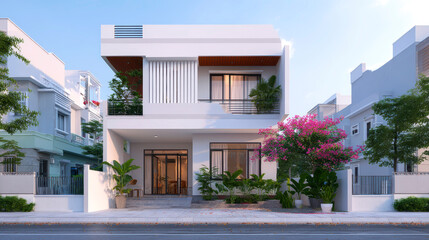 Fototapeta premium Modern minimalist townhouse, 2 floors, clean white facade with soft edges, flat roof, black frame glass door and windows
