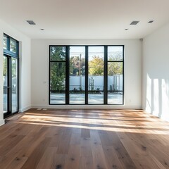 Obraz premium Bright, open-plan living area with large windows offering exterior views