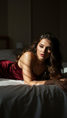 Fototapeta premium Woman in Red Satin Dress Lying on Bed in Dimly Lit Room with Shadows