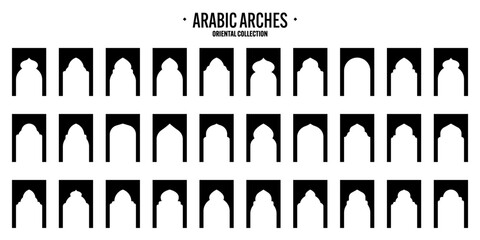 Islamic frames, oriental style objects. Arabic shapes, windows and arches. Traditional ornamental banner, frame. Muslim holidays, Ramadan Kareem. Modern eastern architecture. Vector illustration