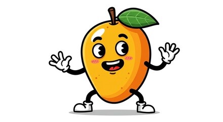 Cartoon Mango Character with Smiling Expression Waving Hello