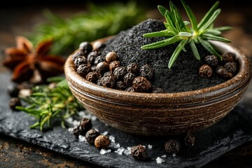 Fototapeta premium A bowl of aromatic spices and herbs featuring whole peppercorns and fresh sprigs for culinary