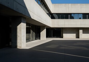 Industrial-style concrete building facade with sharp shadow contrast.

