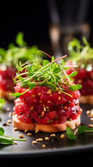 A close-up of Tuna Tartare Crostini with Microgreens and Sesame. Vertical, side view.