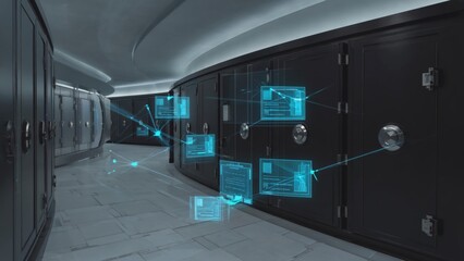 Futuristic digital vault corridor with secure servers and glowing holographic data connections, representing high-tech cybersecurity, digital storage, blockchain, and next-generation data protection.
