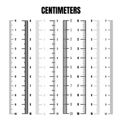 Vertical centimeter scale for measuring length or height. Various measurement scales with divisions. Ruler, tape measure marks, size indicators. Vector illustration
