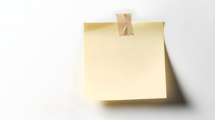 Yellow sticky note attached to white surface with beige adhesive tape closeup