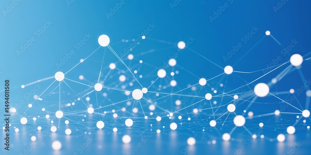 Poster digital network connections represented by nodes and lines on a blue background during a technology-