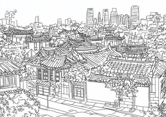 Fototapeta premium VUE AÉRIENNE D'UN PAYSAGE URBAIN TRADITIONNEL ASIATIQUE EN NOIR ET BLANC