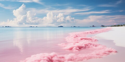 PLAGE ROSE, EAU TURQUOISE, NUAGES BLANCS, PAYSAGE PARADISIAQUE
