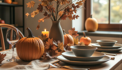 A table with a vase of leaves and pumpkins, and a candle in the middle. The table is set for a fall dinner