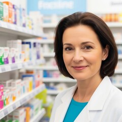 Pharmacy chemist woman in drugstore. Cheerful pharmacist chemist women standing in pharmacy drugstore