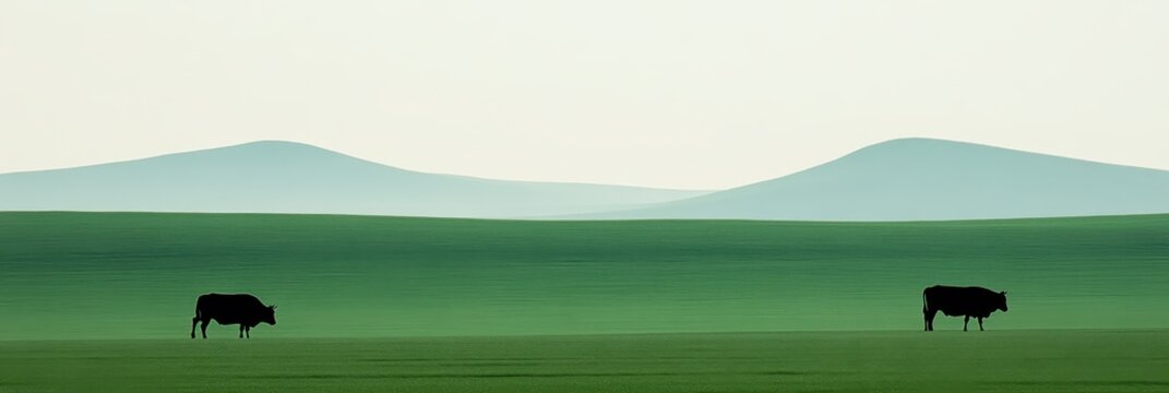 SILHOUETTES DE BOVINS DANS UN CHAMP, PAYSAGE MINIMALISTE