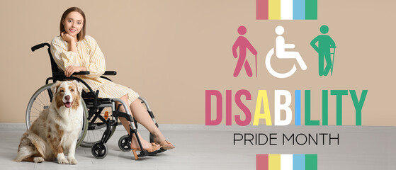 Young woman in wheelchair with service dog near beige wall