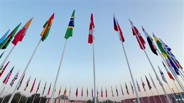 Global Unity, UNO Conference Featuring All Country Flags, Vibrant International Banners, Diplomatic Summit, Worldwide Nations, Cultural Diversity and Global Cooperation 2025  Clip 50