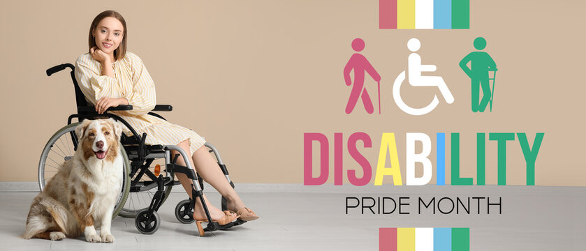 Young woman in wheelchair with service dog near beige wall