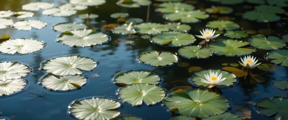 Tranquil Water Lilies Floating on Calm Reflective Pond Surface in Serene Natural Environment