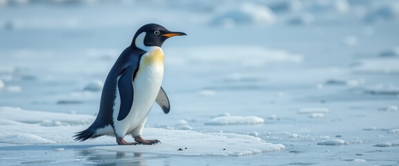 Obraz premium Majestic Emperor Penguin Standing on Ice in a Breathtaking Antarctic Landscape Under Clear Blue Sky