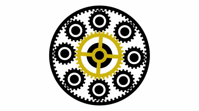 Seamless rotary gear mechanism animation with 8 planet gears. Other name: Transmission gears, Rotating gears, Revolving gears or Driven gears.
