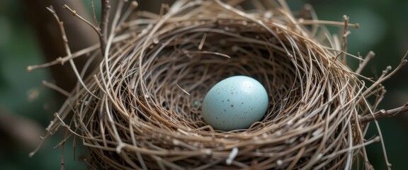 Single Blue Egg in a Natural Nest Surrounded by Twigs and Leaves in a Forest Setting