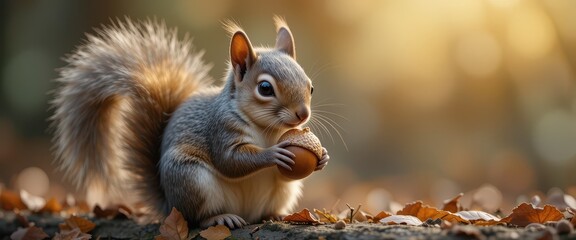 Squirrel with Acorn in Autumn Setting, Captivating Portrait of Wildlife in Natural Habitat with Warm Light