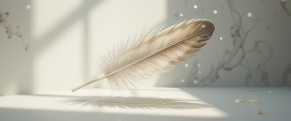Naklejka premium Elegant Feather in Soft Natural Light on a Minimalist Background with Shadow Play and Inviting Softness
