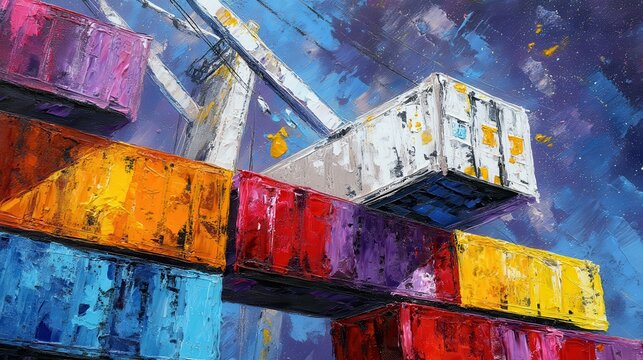 CONTENEURS COLOR&Eacute;S, LEVAGE, GRUE, PEINTURE &Agrave; L'HUILE, ABSTRAIT