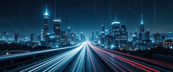 Fototapeta premium City skyline at night with light trails creating dynamic motion through urban landscape and technology elements