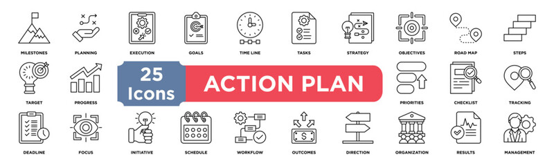 Action Plan icon collection set. Containing inflow,outflow,revenue,expenses,liquidity,profit,loss,tracking,budget,forecasting,statement icon. Simple line vector.
