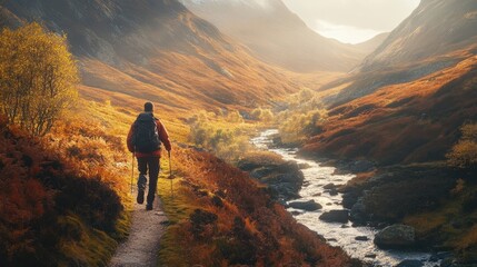 Fototapeta premium A hiker walks along a peaceful river in a stunning valley scene filled with autumn colors and gentle mountains in the background.