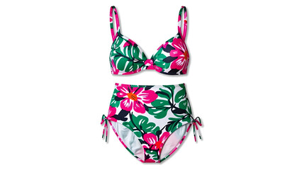High-waisted bikini with tropical floral pattern in pink and green, stylish and flattering.