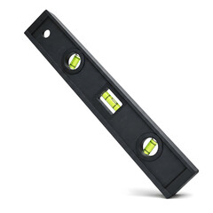 A black torpedo bubble level with three green vials is propped up, showing measuring capability. Generative AI.