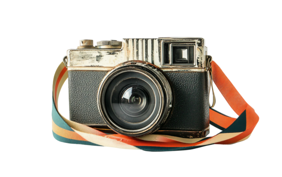 Classic old-fashioned camera decorated with red white and blue ribbon in patriotic style isolated on white background PNG