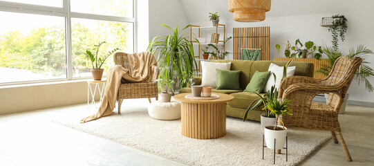 Interior of light living room with green sofa, armchairs and houseplants