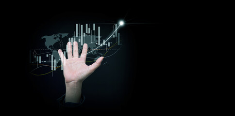 Business growth, economic development, or investment concept: A hand holding an upward trending line alongside a graph, symbolizing success, progress, and rising market performance
