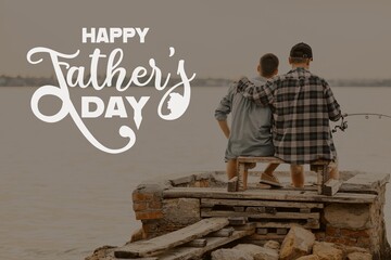Young man and his father fishing on river. Greeting card for Father's Day