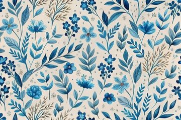 Hand Drawn Blue Foliage And Blossoms On Light