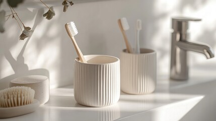 Bathroom serenity Toothbrushes in sunlit cups