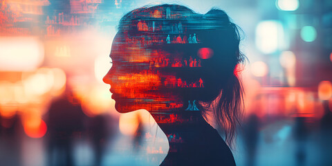 Double Exposure of Woman's Silhouette with Urban Cityscape, Creative Portrait Combining Female Profile and City Lights, Artistic Double Exposure of Woman and Nighttime City View

