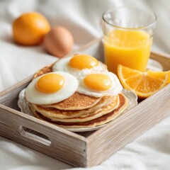 Fototapeta premium Sunny Side Up Eggs on Pancakes with Orange Juice Breakfast Still Life Close Up on Wooden Tray