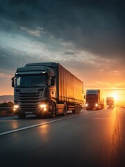Commercial trucks driving on highway at sunset, eye-level, transportation industry, freight transport, logistics
